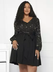 SHEIN CURVE+ 大碼金色星星印花燈籠袖繫腰帶洋裝