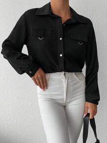 EURMUSE Camisa con botones y detalle de solapa unicolor - Negro - Ver 4