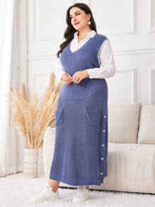 Mulvari Plus 1pc Dual Pocket Split Hem Sleeveless Sweater Dress Without Belt - Grey - View 5