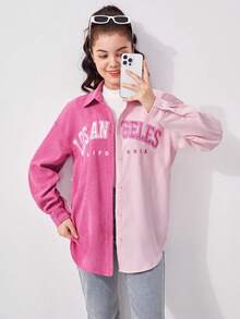 SHEIN 青少年女孩字母圖形兩色落肩襯衫 - 玫紅色 - 查看 6