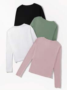 SHEIN LUNE 4pcs Chất rắn Tay áo dài Áo thun - Nhiều màu - Xem 2