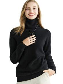 Women's 100% Merino Wool Sweater Turtleneck Fall Winter Warm Soft Knitted Vintage Sweater Long Sleeve Knitted Pullover Tops - Black - View 1