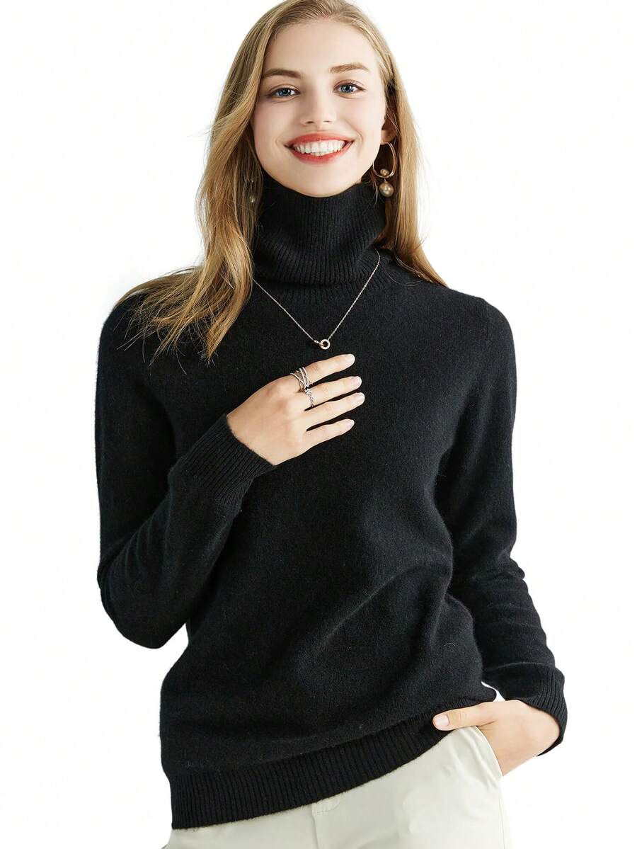 Women's 100% Merino Wool Sweater Turtleneck Fall Winter Warm Soft Knitted Vintage Sweater Long Sleeve Knitted Pullover Tops - Black - View 1
