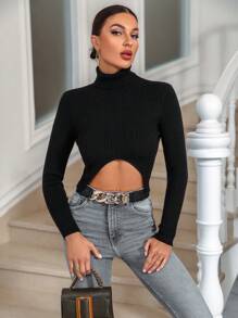 Zolique Turtleneck Cut Out Front Knit Pullover Fall Winter Sweater - Black - View 5