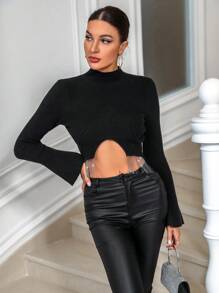 Allurite Mock Neck Asymmetrical Hem Crop Sweater