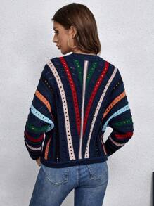 SHEIN LUNE Jersey de punto calado con estampado de rayas para otoño e invierno - azul real - Ver 2