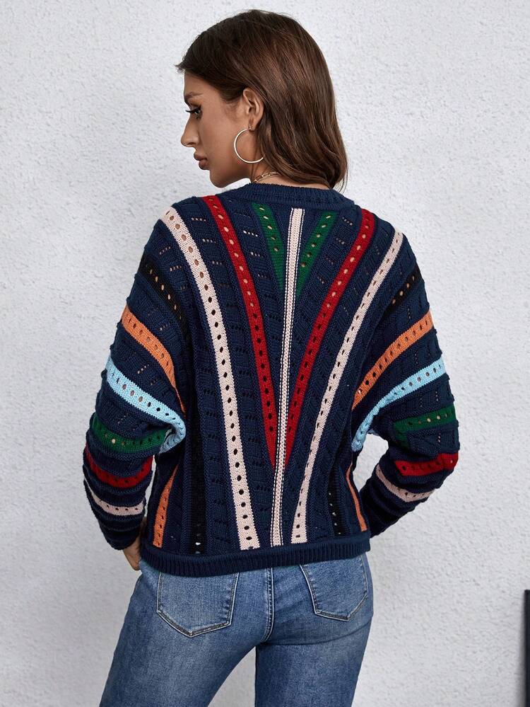 Striped Pattern Pointelle Knit Pullover Fall Winter Sweater
