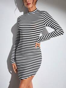 SHEIN Tall Striped Print Mock Neck Bodycon Dress - Black and White - View 5