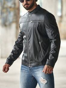 Manfinity 男士拉鏈開襟PU皮革夾克 - 黑色 - 查看 4