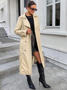 EURMUSE 女士纯色翻领长袖双排扣休闲风衣 - 米色 - 查看 4