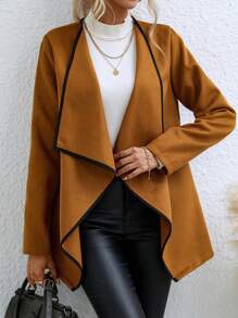 SHEIN Clasi Tương phản ràng buộc Mở Mặt trước Áo khoác - Màu Khaki - Xem 4