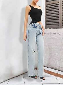 SHEIN EZwear Chất rắn Viền không đối xứng Áo - màu đen - Xem 4