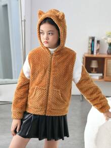 SHEIN Tween Girl Two Tone Drop Shoulder Hooded Teddy Jacket - Coffee Brown - View 7