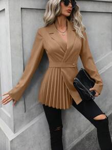 SHEIN Clasi 西裝領百褶細節圍裹下擺西裝外套 - 卡其色 - 查看 1