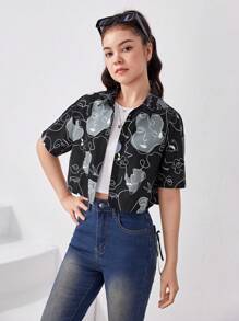 SHEIN Teen Girl Figure Graphic Button Front Shirt
