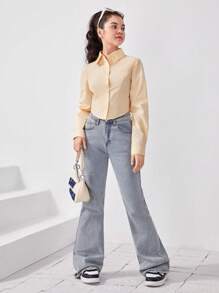 SHEIN Teen Girl Solid Button Front Shirt - Apricot - View 4