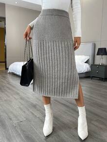 SHEIN Privé Falda de punto acanalado con muslo dividido y cintura alta - Gris Claro - Ver 5