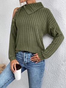 Chiquease Camiseta de hombros caídos de cuello asimétrico - Verde militar - Ver 4