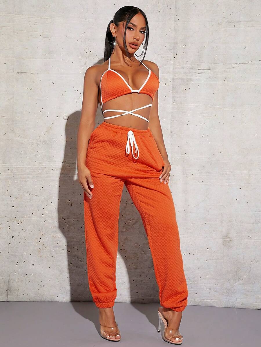 SHEIN SXY 撞色滾邊十字交叉後背繫帶繞頸短上衣&腰部抽繩衛褲 - 橘色 - 查看 1