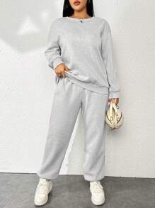 Flirla Plus Drop Shoulder Sweatshirt & Sweatpants - Light Grey - View 3
