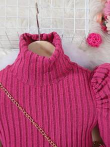 女大童高領羊腿袖羅紋針織洋裝和包 - 玫紅色 - 查看 4