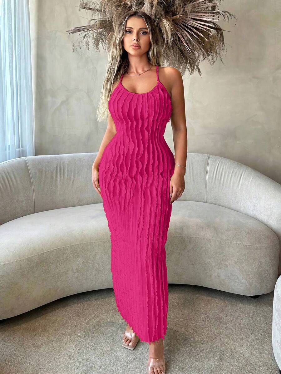 VaVaBold 纯色生菜边十字交叉露背吊带连衣裙长款女装 - 玫紅色 - 查看 1