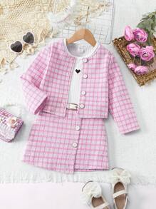 SHEIN Young Girl Plaid Print Jacket & Belted Skirt & Tank Top Plaid Young Girls Setskids Dress Set