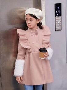 SHEIN 女大童毛茸茸袖口荷葉邊雙排釦花呢外套 - 藕粉色 - 查看 6
