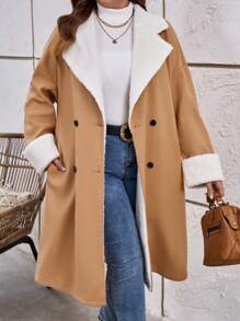 SHEIN LUNE 大碼雙排扣落肩泰迪熊襯里大衣 - 駝色 - 查看 2