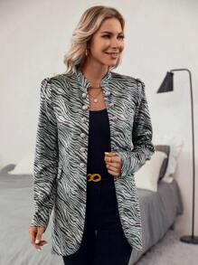 SHEIN Clasi Impressão De Zebra Listrada Botão Frontal Casaco