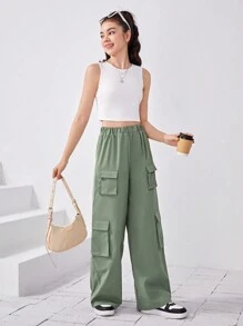 SHEIN 少女純色背心和有蓋口袋工裝褲