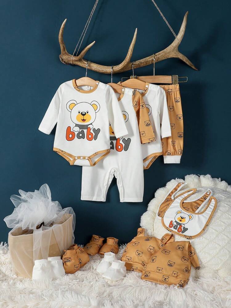 Baby Boy 16pcs Gift Set Cartoon Graphic Bodysuit & 3D Ear Design Hat & Pants Etc