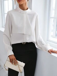 SHEIN Clasi Solid Mock Neck Ruffle Trim Blouse - White - View 4