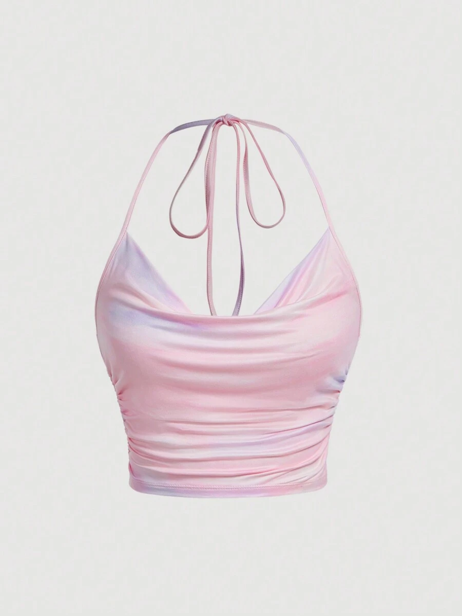 SHEIN MOD Tie Dye Draped Collar Ruched Side Tie Back Halter Top,Ombre Print,Marble Print