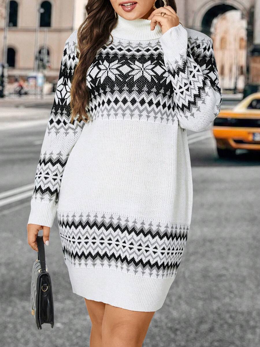 Calvaya 大码女式优雅圣诞雪花图案高领毛衣连衣裙，冬季 - 彩色 - 查看 1