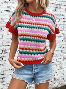 SHEIN LUNE Colorblock Contrast Binding Batwing Sleeve Pointelle Knit Top - Red - View 6