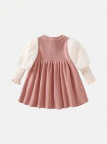 Young Girl Two Tone Bow Front Gigot Sleeve Dress - Pink - View 2