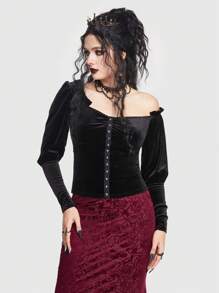 ROMWE Goth Camiseta de hombros descubiertos con corchete de terciopelo - Negro - Ver 3