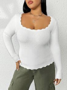Flirla Talla grande Jersey ribete en abanico tejido de canalé - Blanco - Ver 1