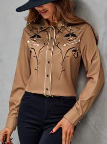 SHEIN Clasi Floral Print Contrast Piping Shirt - Khaki - View 1