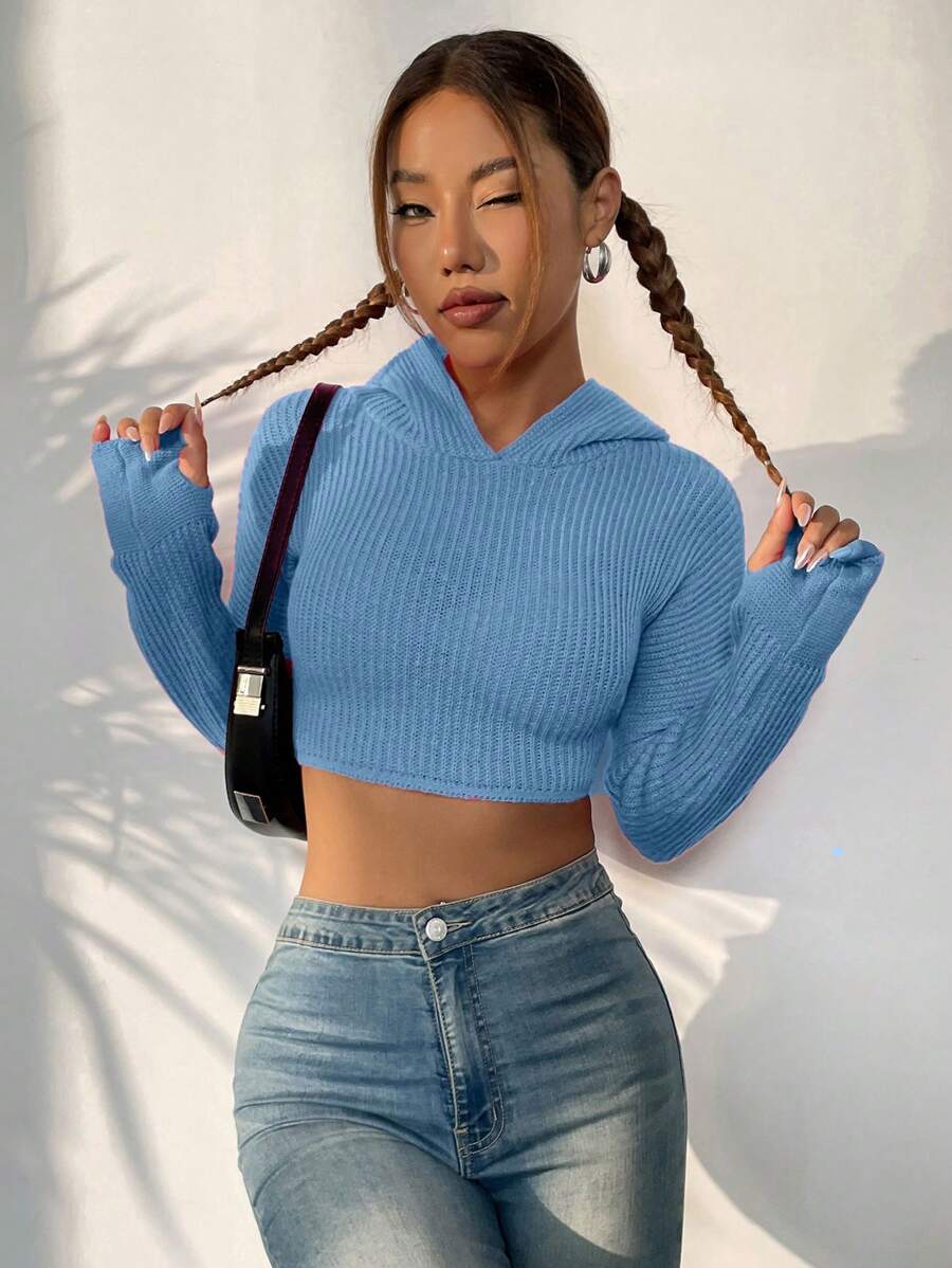 Flirla 素色條紋針織短款連帽套頭毛衣