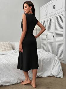 前扣罗纹针织睡衣 - 黑色 - 查看 2