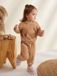 2 件装女婴纯色连帽运动衫和松紧腰运动裤套装 - 卡其色 - 查看 5