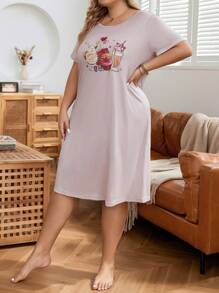 大碼圖案印花睡裙 - 粉色 - 查看 1