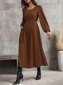 SHEIN Clasi Solid Button Front A-line Dress - Brown - View 4