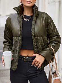 EURMUSE Teddy Panel Zip Up Drop Shoulder Puffer Coat - Khaki - View 3