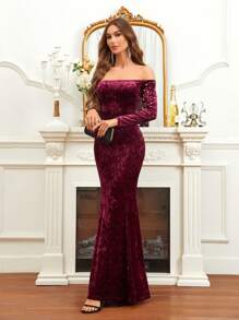 SHEIN Belle 勃艮第红色露肩美人鱼下摆天鹅绒礼服 - 酒紅色 - 查看 5