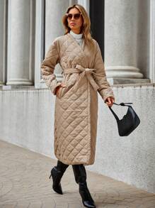 SHEIN Clasi Áo khoác chần bông có thắt lưng thả vai - Màu Khaki - Xem 3