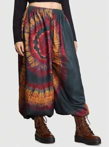 ROMWE Hippie Plus Tie Dye Elastic Waist Lantern Sleeve Pants - Multicolor - View 1
