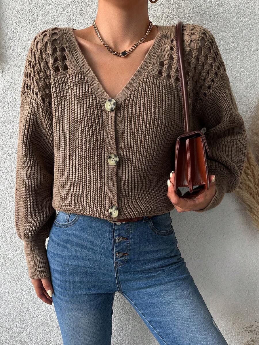 SHEIN كارديجان منسوج بفتحات صغيرة منخفض الاكتاف - كاكي - مشاهدة 1